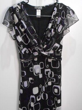 Women's Black Gray & White Geometric Patterned Short Sleeve Mesh Dress Size-MED